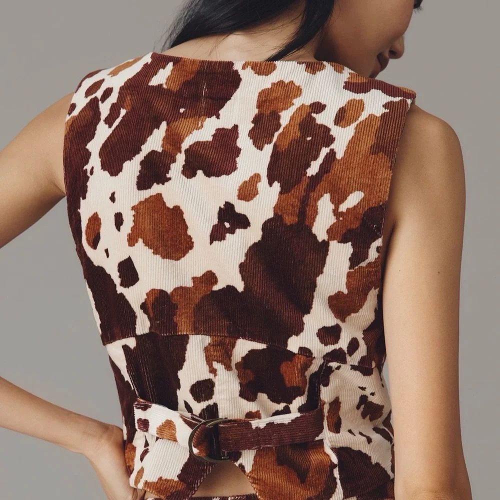NWT Maeve Anthropologie Cowprint Button Front Brown Cream Corduroy Vest XL - Picture 3 of 11